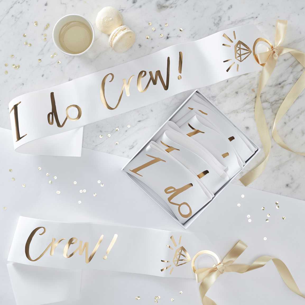 I Do Crew 6 Pack Sashes in White And Gold