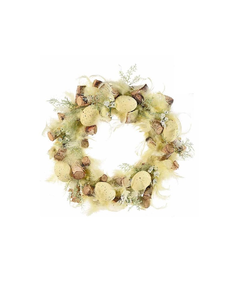 Yellow Decorative Wreath With Eggs and Colored Feathers