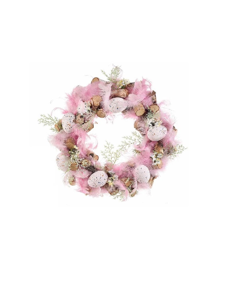 Pink Decorative Wreath With Eggs and Colored Feathers