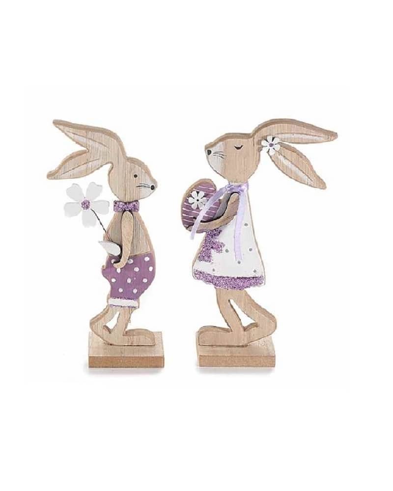 Set of 2 Wooden Bunnies - White & Purple