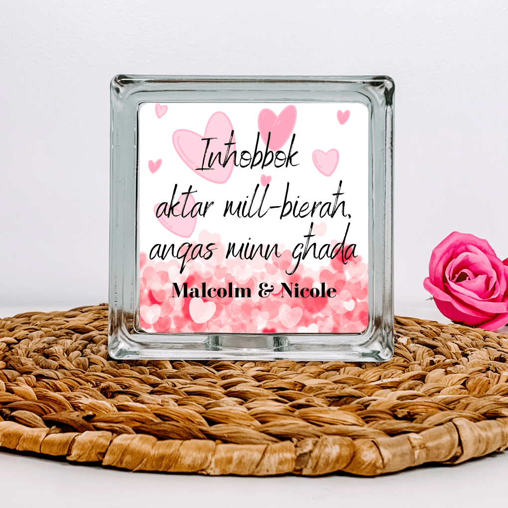 Inħobbok aktar mill-Bieraħ - Personalised with Names Glass Block