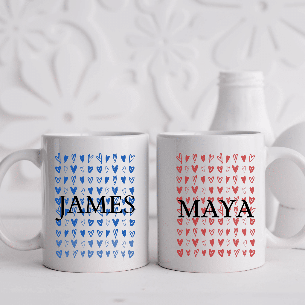 Red & Blue Hearts - Personalised with Names Mug Set