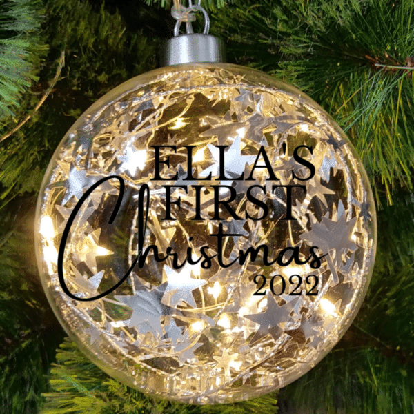 Light Up Silver, Baby's First Christmas Personalised – 12cm Glass Bauble