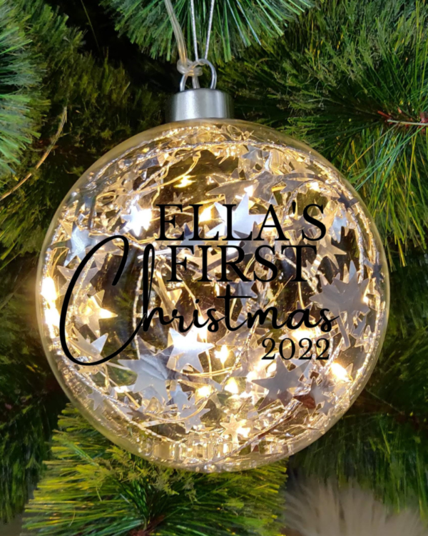Light Up Silver, Baby's First Christmas Personalised – 12cm Glass Bauble