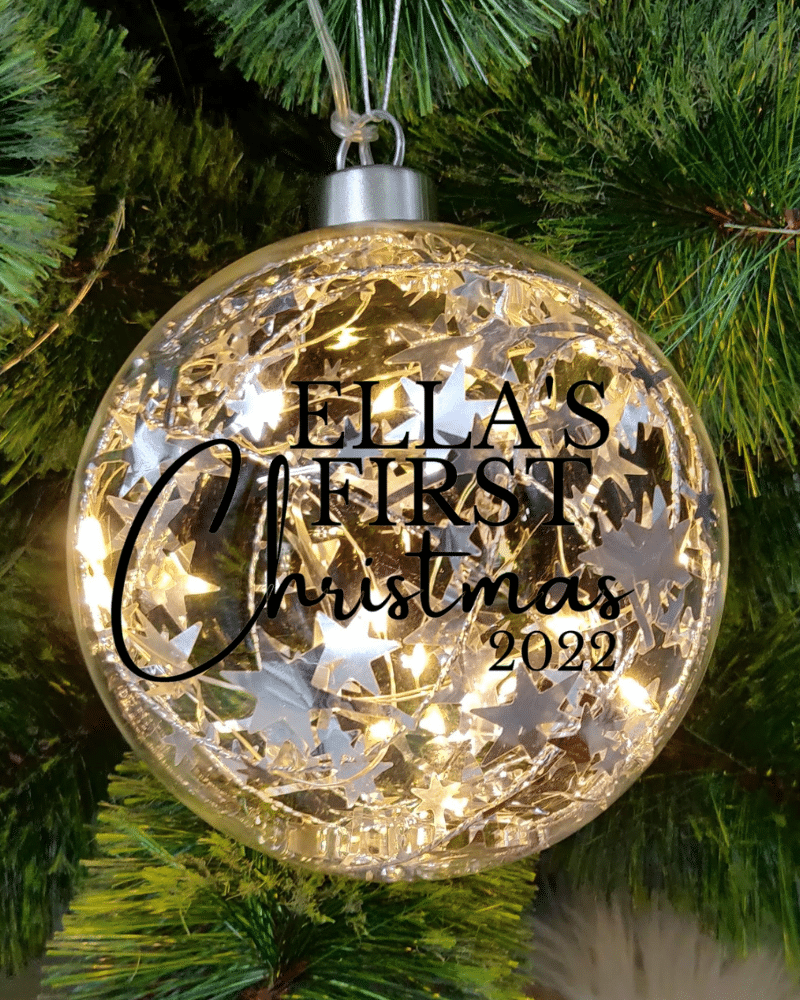 Light Up Silver, Baby's First Christmas Personalised – 12cm Glass Bauble