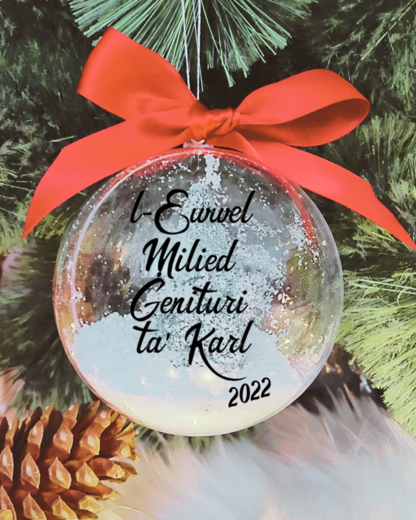 L-Ewwel Milied Ġenituri ta' ... Personalised with Name - 10cm Acrylic Bauble