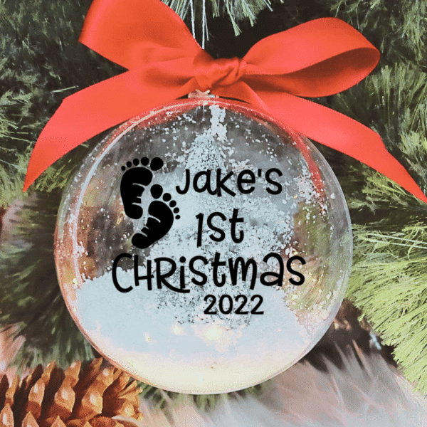 First Christmas with Personalised Name & Tiny Toes - 10cm Acrylic Bauble