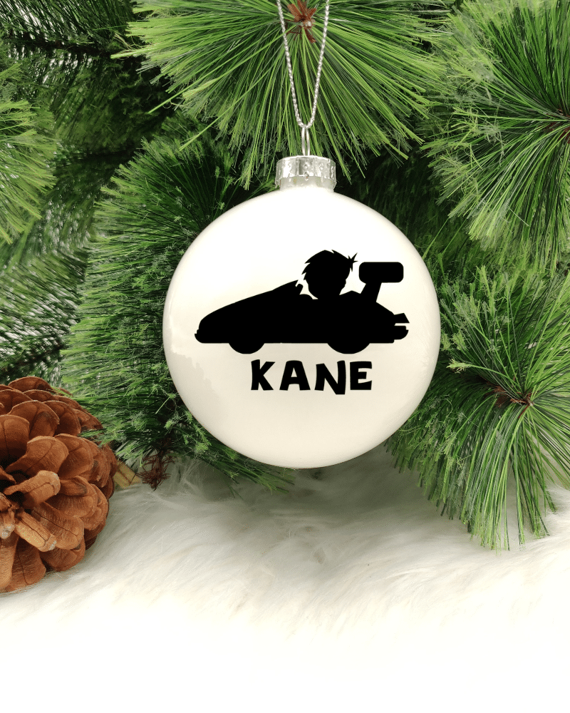 Character Racer Personalised with Name - 8cm Glass Bauble