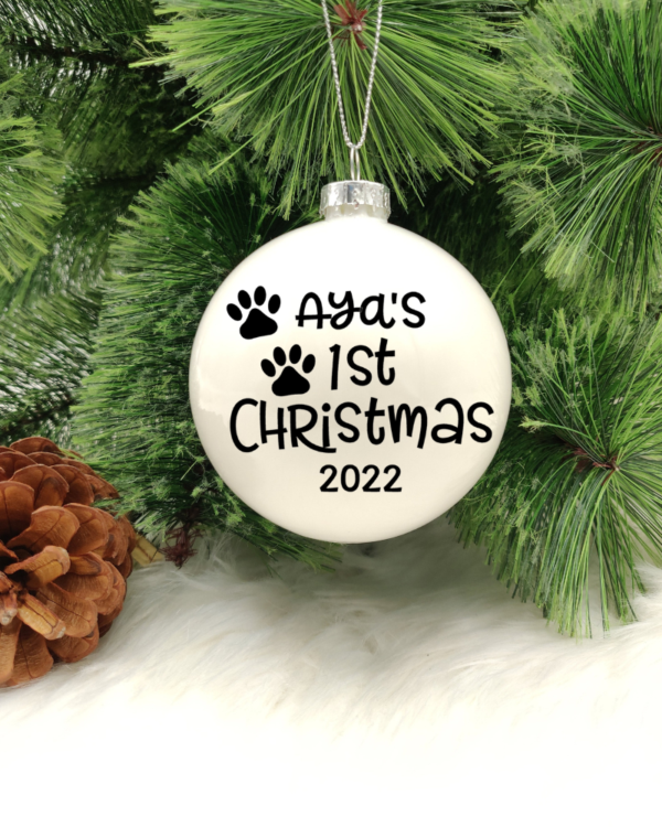 First Christmas Personalised with Paws - 8cm Glass Bauble