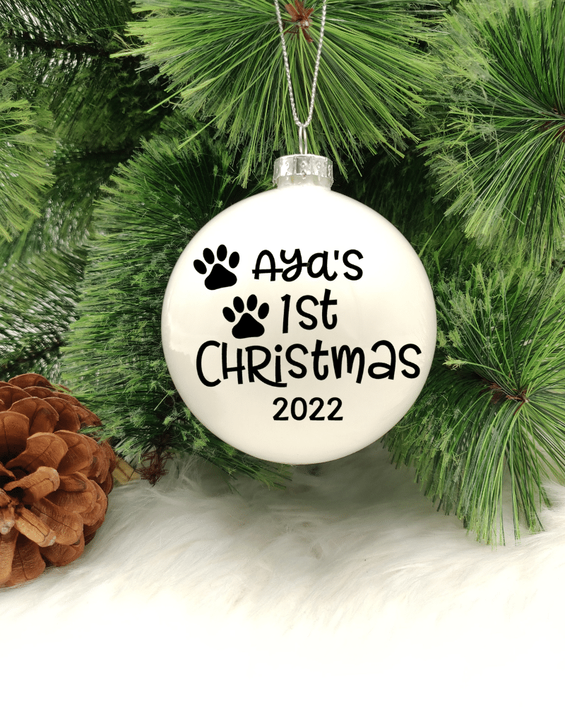 First Christmas Personalised with Paws - 8cm Glass Bauble