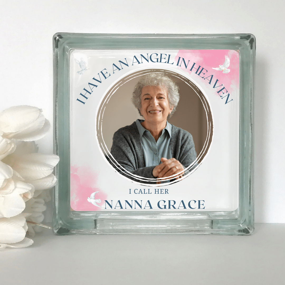 I Have an Angel in Heaven ... - Pink Personalised Glass Block