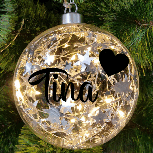 Light Up Silver, Personalised with Name – 12cm Glass Bauble