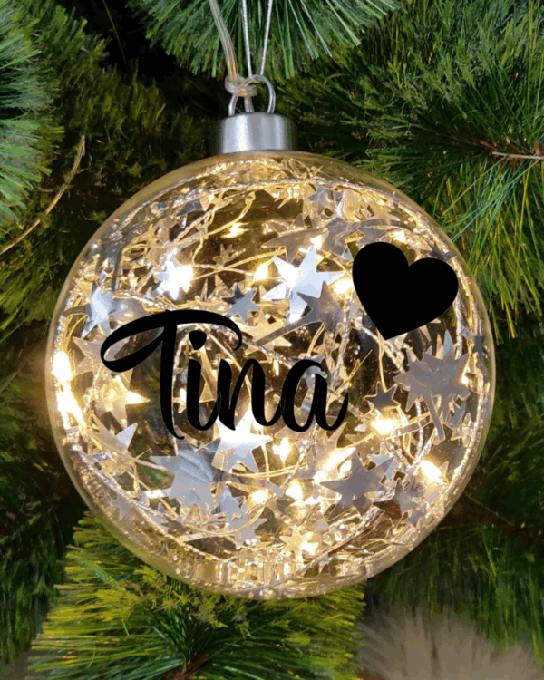 Light Up Silver, Personalised with Name – 12cm Glass Bauble