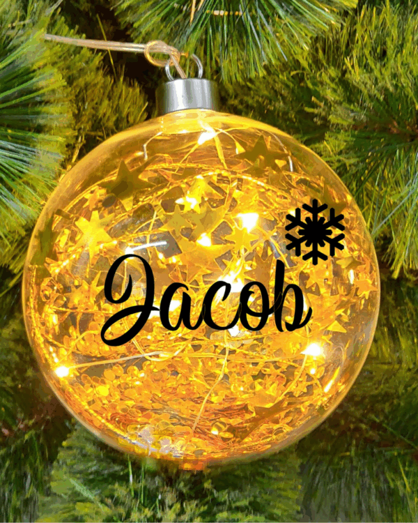 Light Up Gold, Personalised with Name – 12cm Glass Bauble