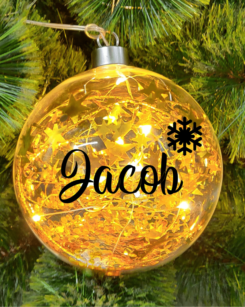 Light Up Gold, Personalised with Name – 12cm Glass Bauble