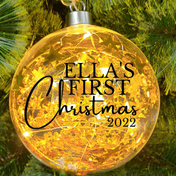 Light Up Gold, Baby's First Christmas Personalised – 12cm Glass Bauble