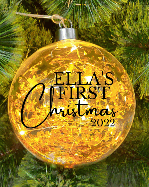Light Up Gold, Baby's First Christmas Personalised – 12cm Glass Bauble