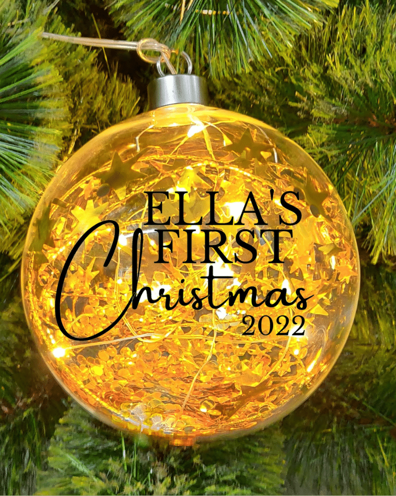 Light Up Gold, Baby's First Christmas Personalised – 12cm Glass Bauble
