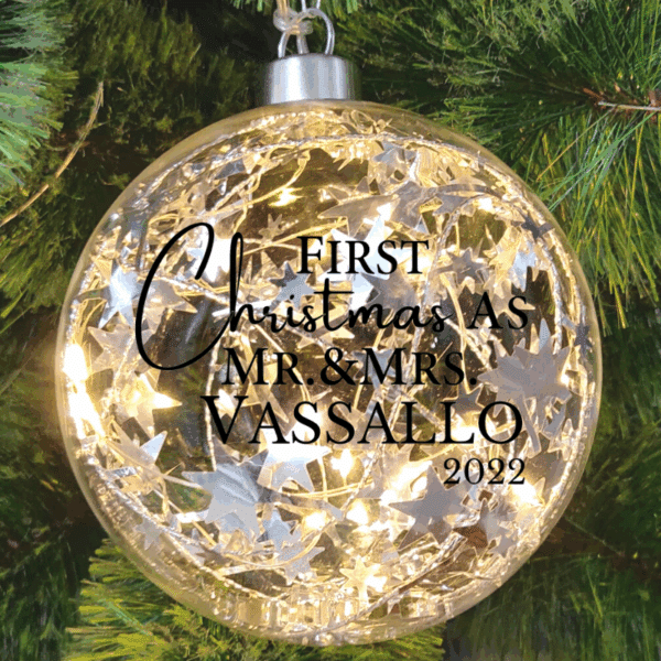 Light Up Silver, Marriage First Christmas Personalised – 12cm Glass Bauble