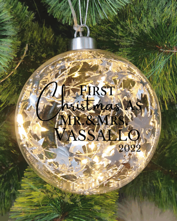 Light Up Silver, Marriage First Christmas Personalised – 12cm Glass Bauble