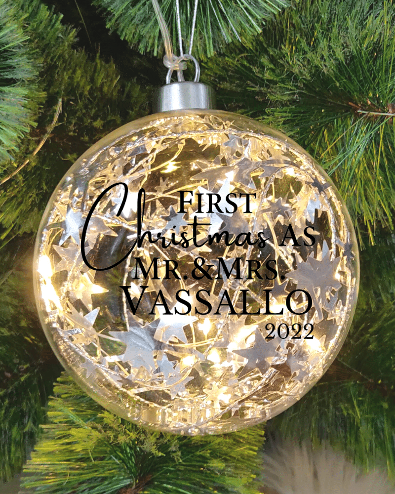 Light Up Silver, Marriage First Christmas Personalised – 12cm Glass Bauble