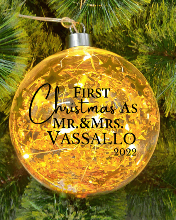 Light Up Gold, Marriage First Christmas Personalised – 12cm Glass Bauble