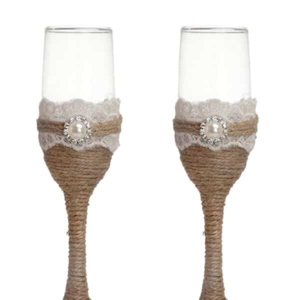 Rustic Lace & Twine Wedding Toasting Flutes – Set of 2
