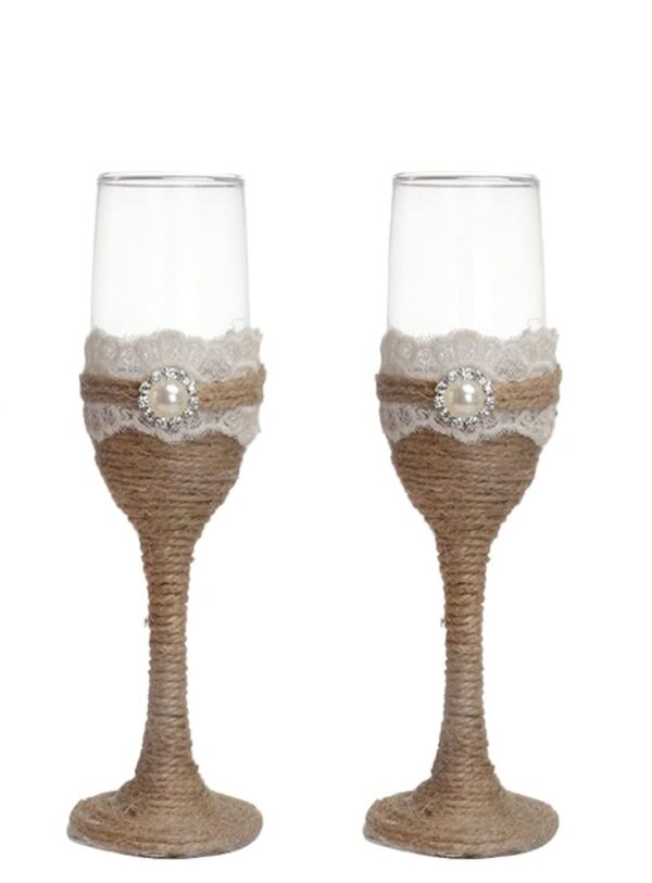 Rustic Lace & Twine Wedding Toasting Flutes – Set of 2