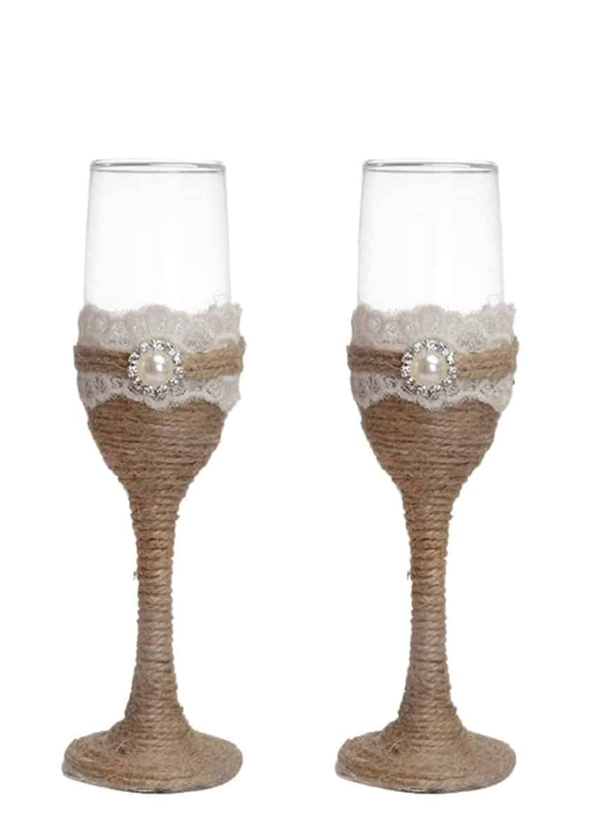 Rustic Lace & Twine Wedding Toasting Flutes – Set of 2