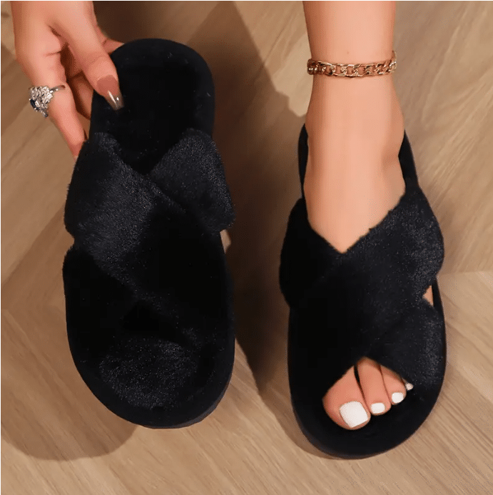 Comfy, Fluffy Slippers - Cross Strap - Image 2