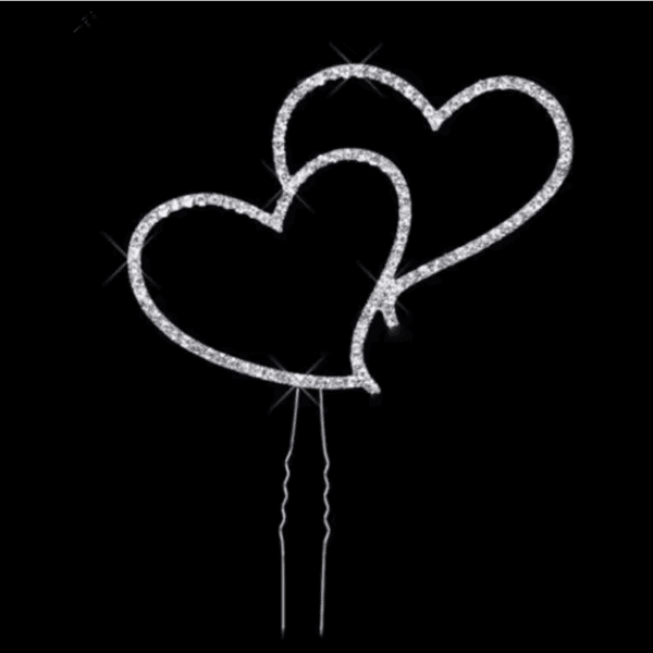Crystal Rhinestone Silver Double Heart - Cake Topper